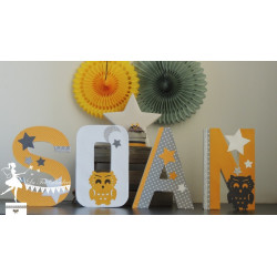 Lettre décorée 20 cm Hibou jaune et gris PRIX UNITAIRE