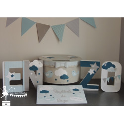 Lettre décorée 20 cm Etoiles, nuages  et oiseau bleu et gris pastel, blanc et pétrole PRIX UNITAIRE