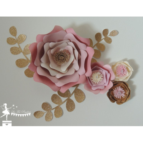 Décoration fleurs 3D Rose, ivoire et doré LOT de 4