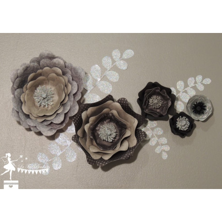 Décoration fleurs 3D Noir, gris et  argent LOT de 5