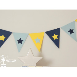 Guirlande de fanions marine, bleu pastel et jaune décor étoile