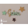 Prénom bois stylisé - Plaque de porte Etoiles vert mint, chocolat et doré