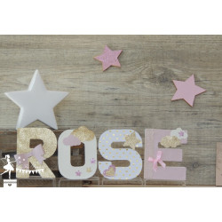 Lettre décorée 12cm étoiles rose ivoire et doré PRIX UNITAIRE