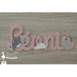 Prénom bois stylisé - Plaque de porte thème souris Rose nacré, blanc et gris