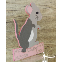 Prénom bois stylisé - Plaque de porte thème souris Rose nacré, blanc et gris