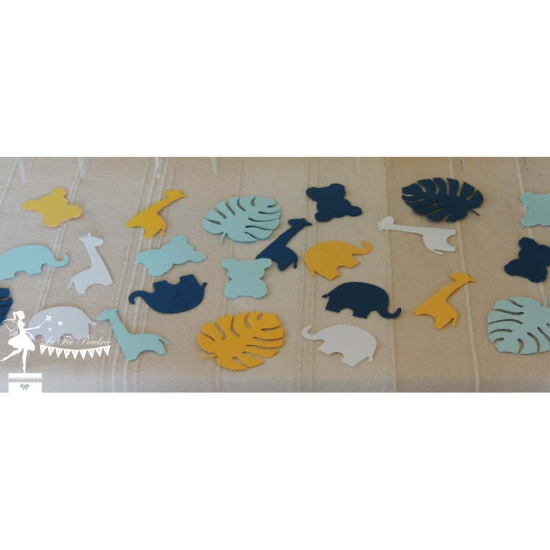 Sachet de confetti Tropical, koala, éléphant, girafe et feuillage bleu pastel, pétrole jaune moutarde