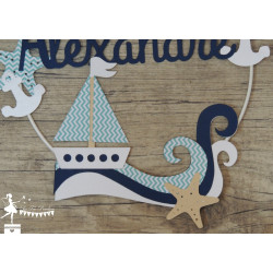 Cercle 20cm décoré prénom thème Mer décoration bateau Bleu pastel, marin blanc et beige
