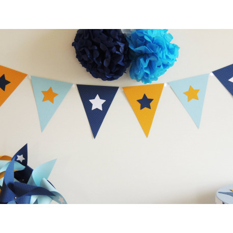 Guirlande de fanions marine bleu pastel et jaune décor étoile