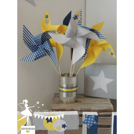 10 Moulins à vent bleu marine jaune et argent décor étoile
