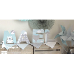 Lettre décorée 12cm thème Nuage, nounours et montgolfière bleu pastel gris et blanc